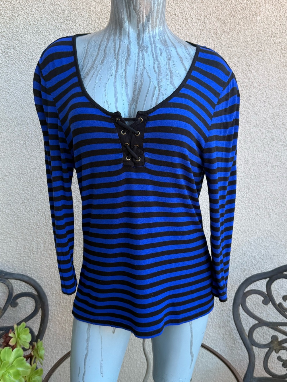 Cable & Gauge Blue and Black Striped Lace-Up Long Sleeve Top